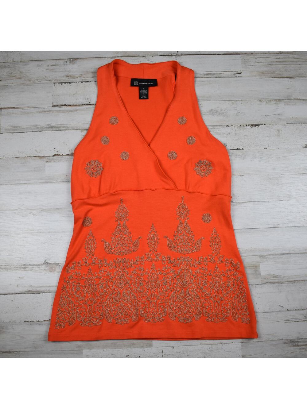 Y2K Vintage Embellished Tank Top Women's Small Orange Rayon Tropical Coconutgirl